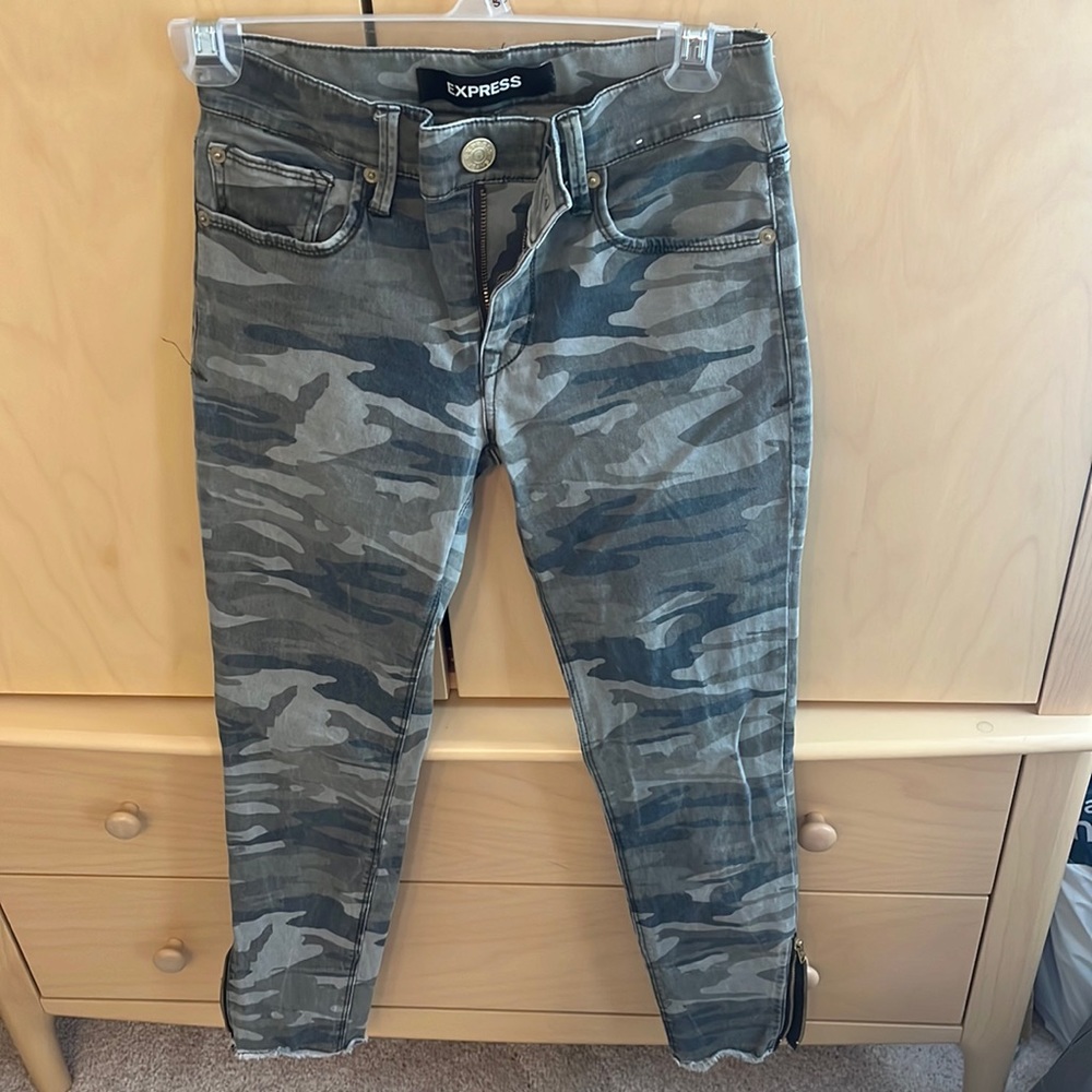 Express skinny, camo jeans.